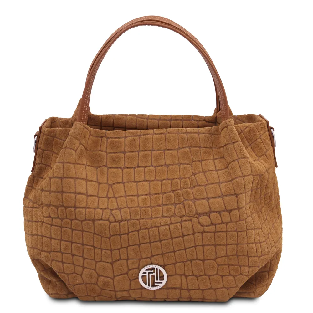Nora Cocoon Suede leather handbag with croc print