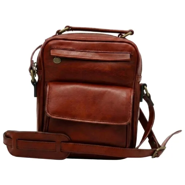 Leather Shoulder Bag with front pocket - Mahogany