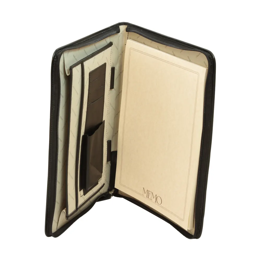 Calfskin Leather document case with zip pocke.- Black