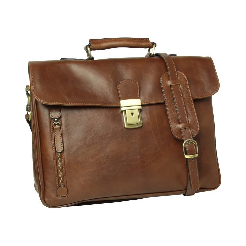 Full grain leather briefcase with schoulder strap - Chestnut
