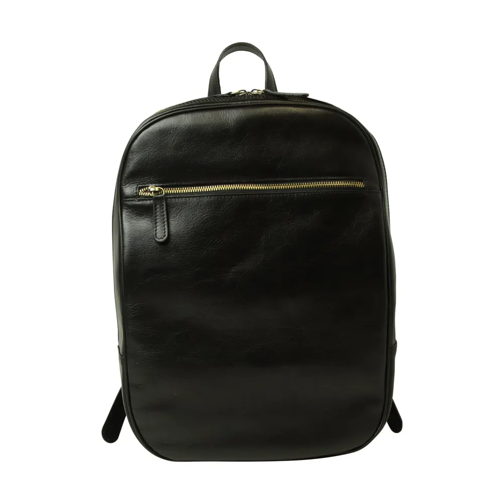 Leather backpack with exterior zip pockets - Black